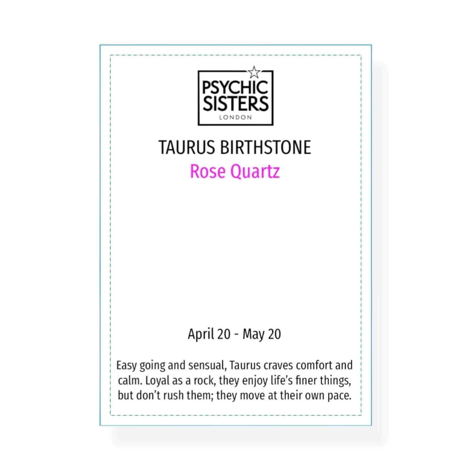 Information card about Taurus birthstone with Psychic Sisters branding